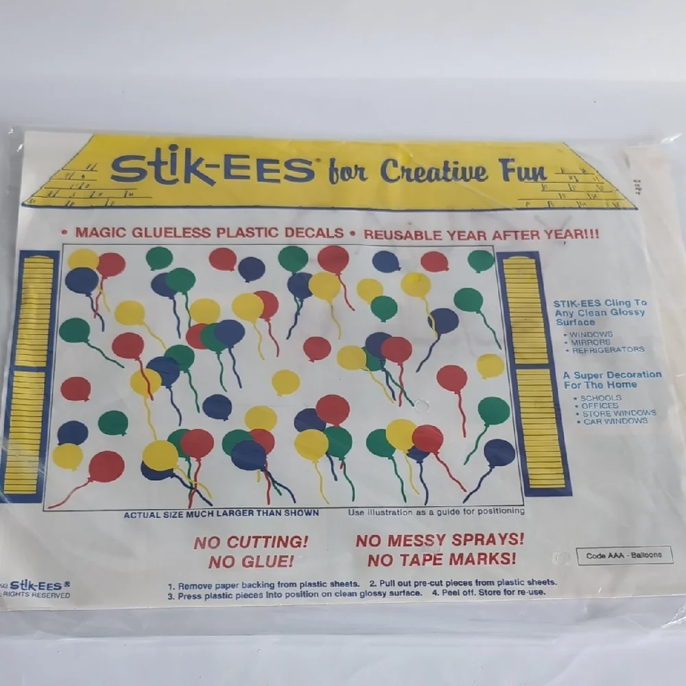 Vtg Stik-EES Vinyl Window Decals Clings Balloons Birthday1993 NIP